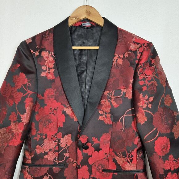 Mazari Tuxedo Jacket & Bowtie Sz S Black Red Floral Formal Holiday Evening - Picture 3 of 16